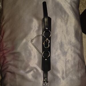 Black Leather Collar with Heart Buckle & Silver Chain